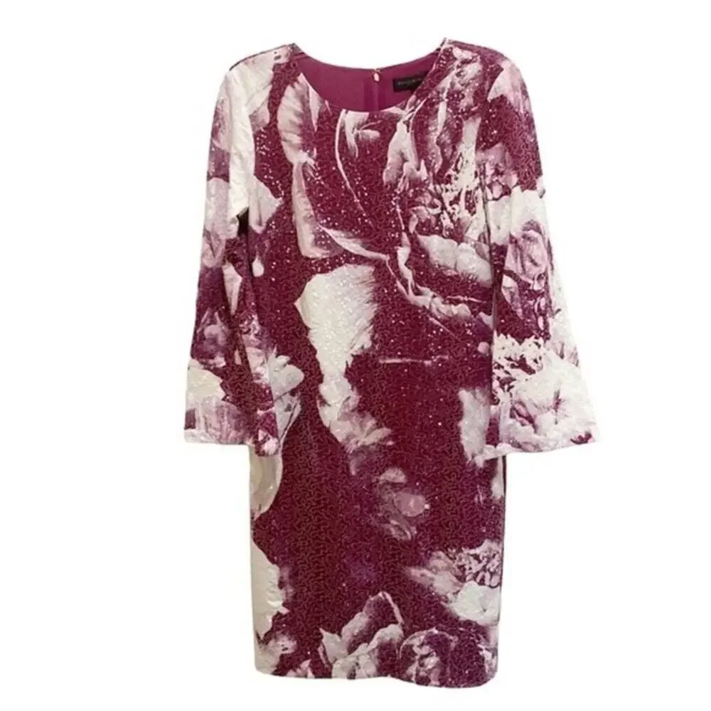 Donna Karan New York Dress Plum Purple White Floral Sequin Flare Sleeve Size 6